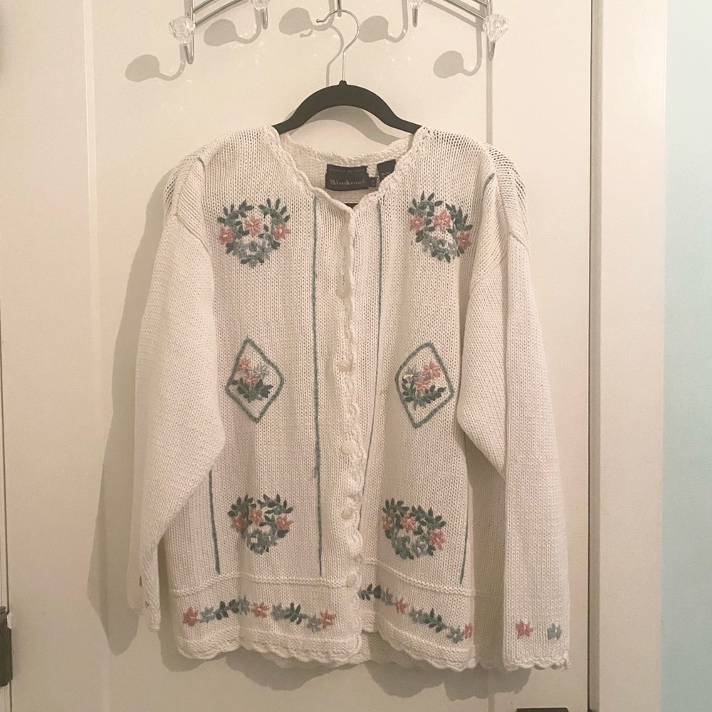 Weekend Edition - Hand Knit Cardigan - Embroidered - Cream - Size Medium (M)
